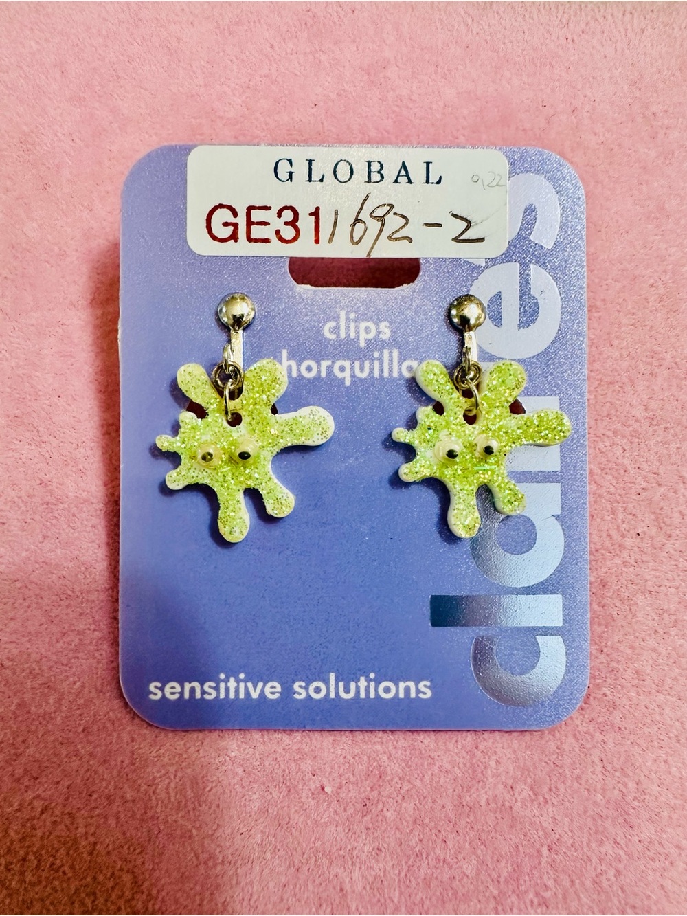Vintage Green Glitter Googly Eye Clip On Dangle Earrings